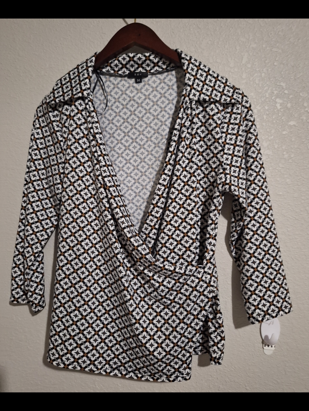 Geometric Wrap-Front Blouse in Black, White & Brown